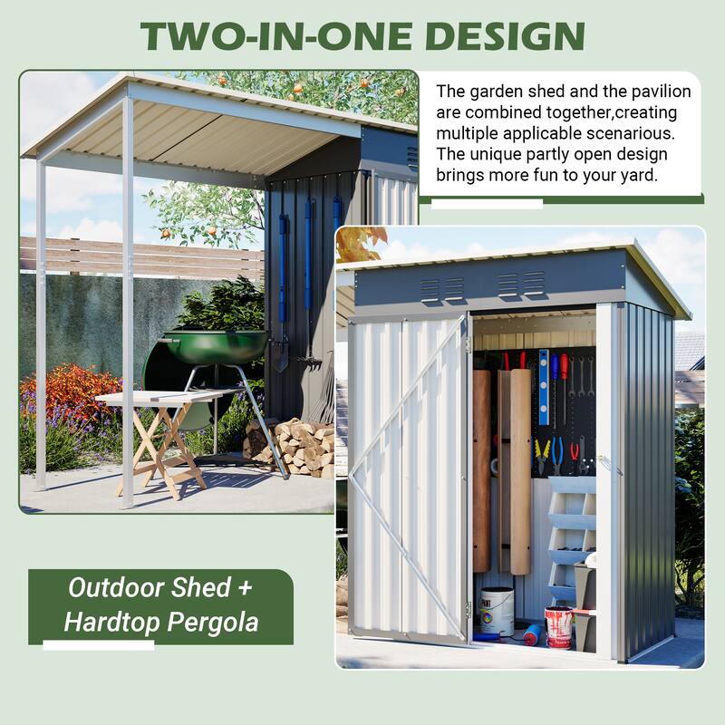 5x3 FT Galvanized Steel Shed and Gazebo Combo, Lean-To Storage Shed with Pergola for Backyard