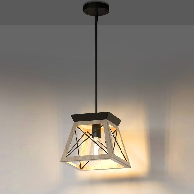 YANSUN Light Wood Industrial Pendant Light with Iron Rods, Adjustable Height