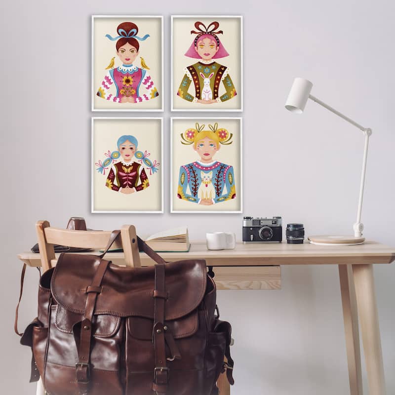 Stupell Floral Folk Women Portraits Framed Giclee Art Design By Hannah Moren (Set of 4)
