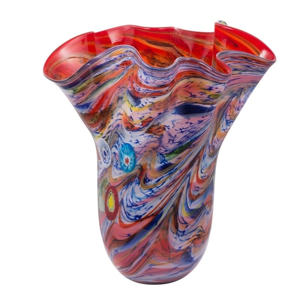 16" Vibrantly Colored Blown Glass Ripple Vase - N/A