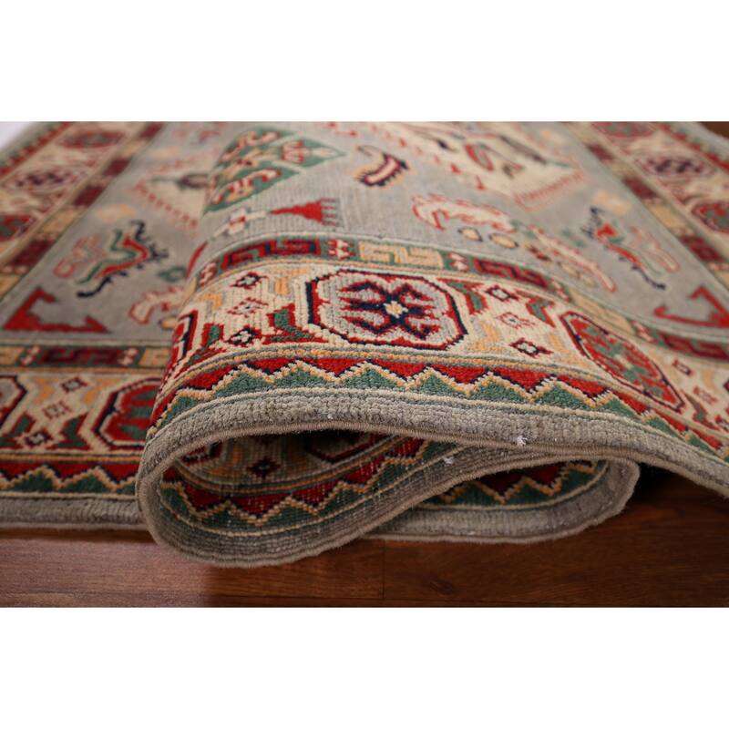 Geometric Grey Kazak Area Rug Hand-Knotted Oriental Wool Carpet - 4'0" x 6'2"