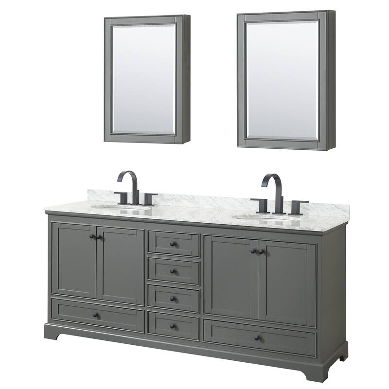Wyndham Collection Deborah 80" Free Standing Double Vanity Set with - Dark Gray / White Carrara Marble Top / Matte Black - Steel Finish