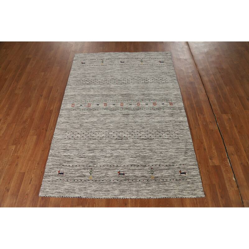 Hand Knotted Oriental 100% Wool Carpet Tribal Animal Pictorial Beige & Ivories Gabbeh Area Rug - 5' 11'' X 4' 1''