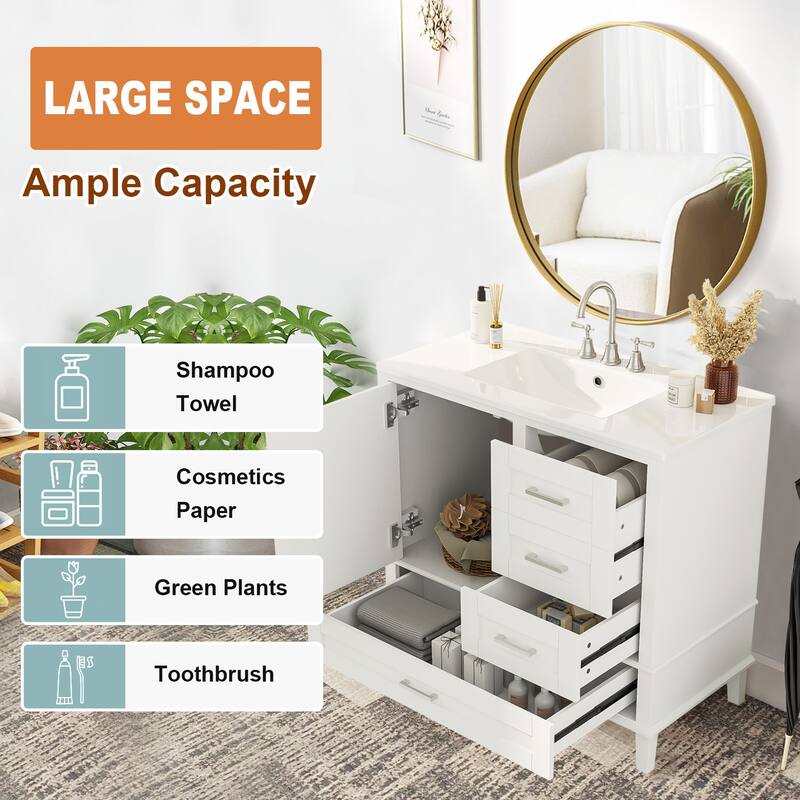 36" Bathroom Vanity with Ceramic Sink,Solid Pine Frame