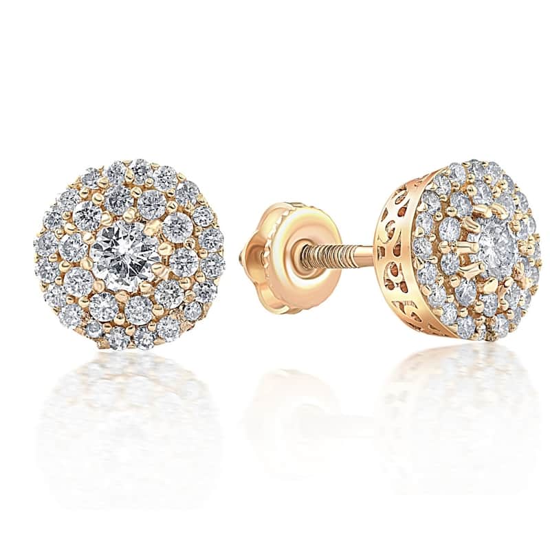 Double Halo Diamond Screw Back Studs 1/2 Carat TW Yellow Gold