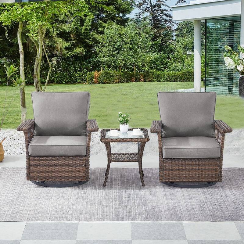 Outdoor Glider Chair with Soft Cushion - Brwon Wicker Grey Cushion - 3PCS Glider Chairs with Table