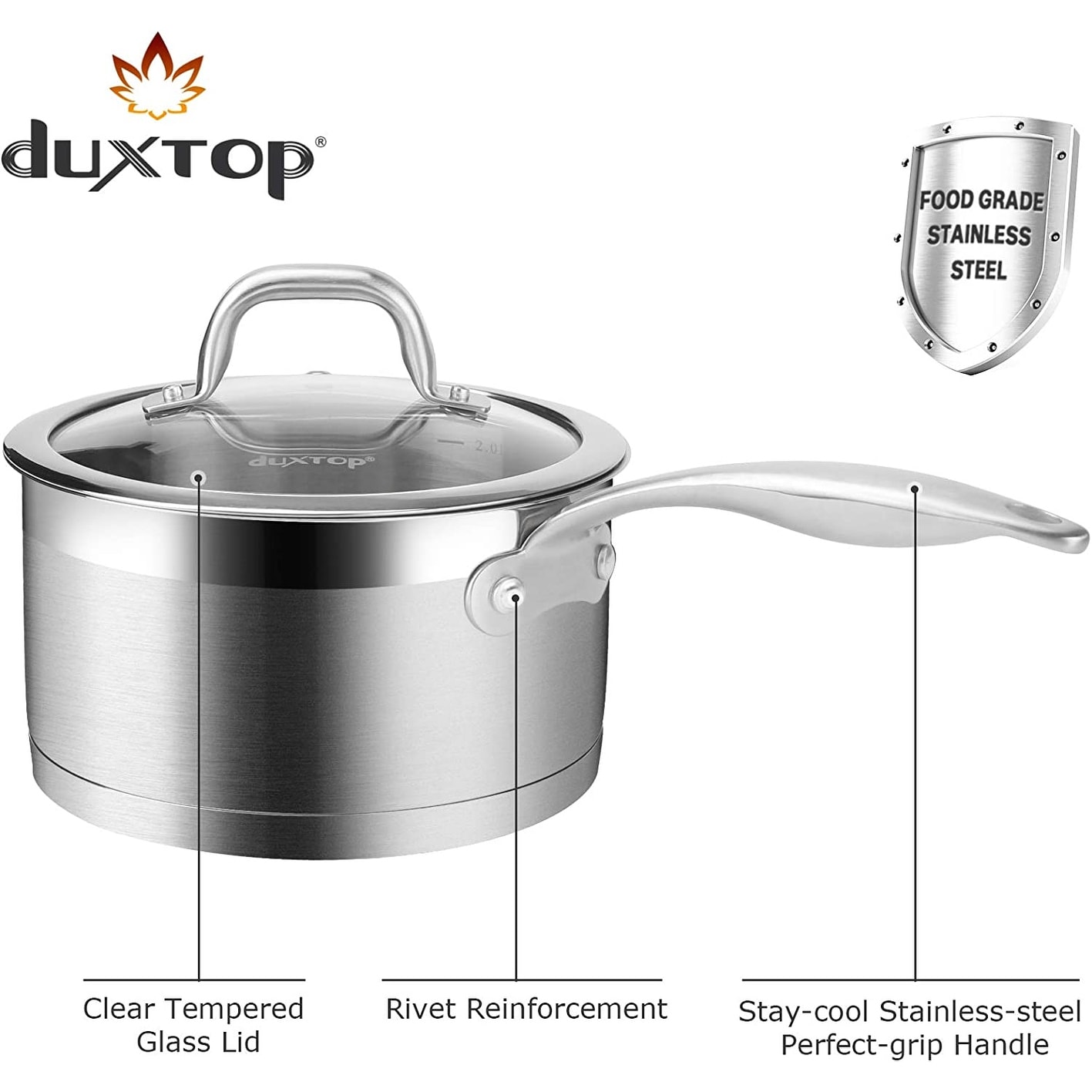 Duxtop Professional Stainless Steel Sauce Pan with Lid, Kitchen Cookware, Induction Pot with Impact-bonded Base Technology, 2.5 Quart