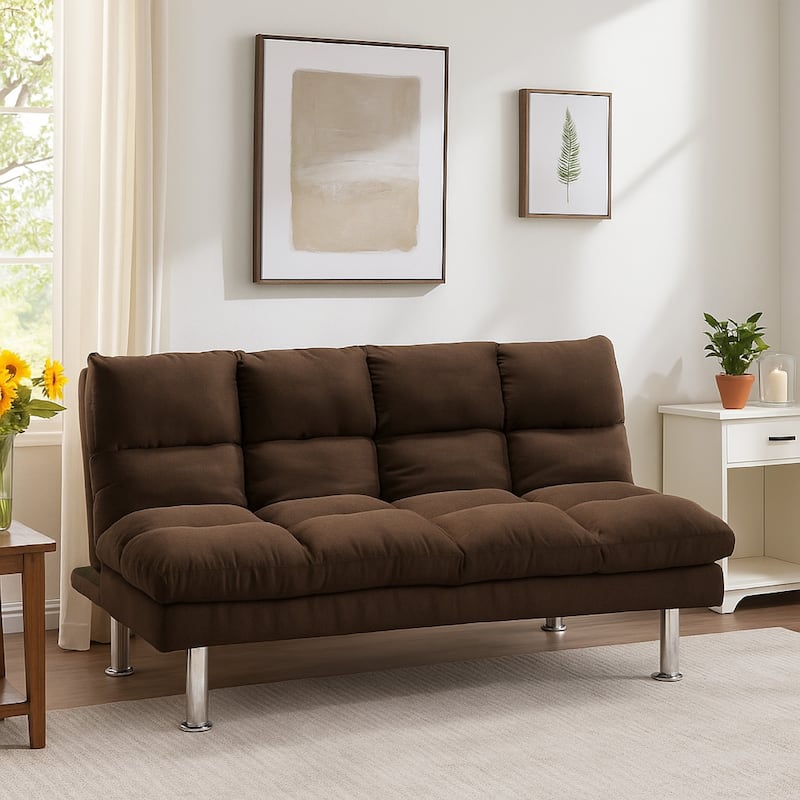 Sar Fold Out Futon Sofa Bed, Tufted Dark Brown Microfiber, Chrome Legs