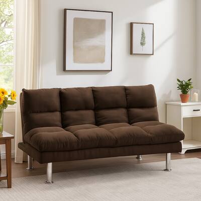 Sar Fold Out Futon Sofa Bed, Tufted Dark Brown Microfiber, Chrome Legs
