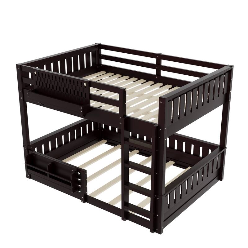 Roomfitters Queen over Queen Bunk Bed with Bookshelf and Pegboard, Solid Wood Split Frame