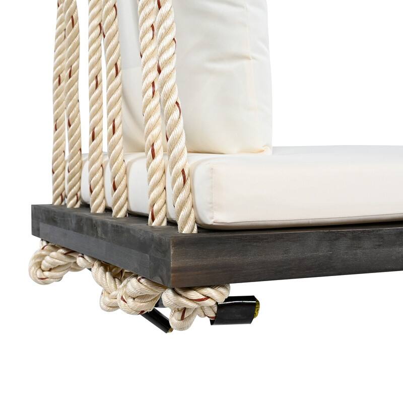 Porch Wooden Swing Chair with Hemp Ropes, Patio Hanging Swing Bench with Cushion & 2 Pillows