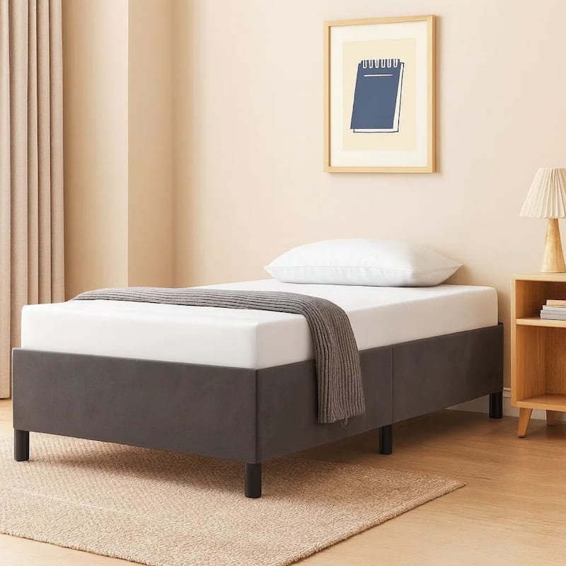 Low Profile Twin XL Bed Frame, Gray Velvet Fabric Upholstery