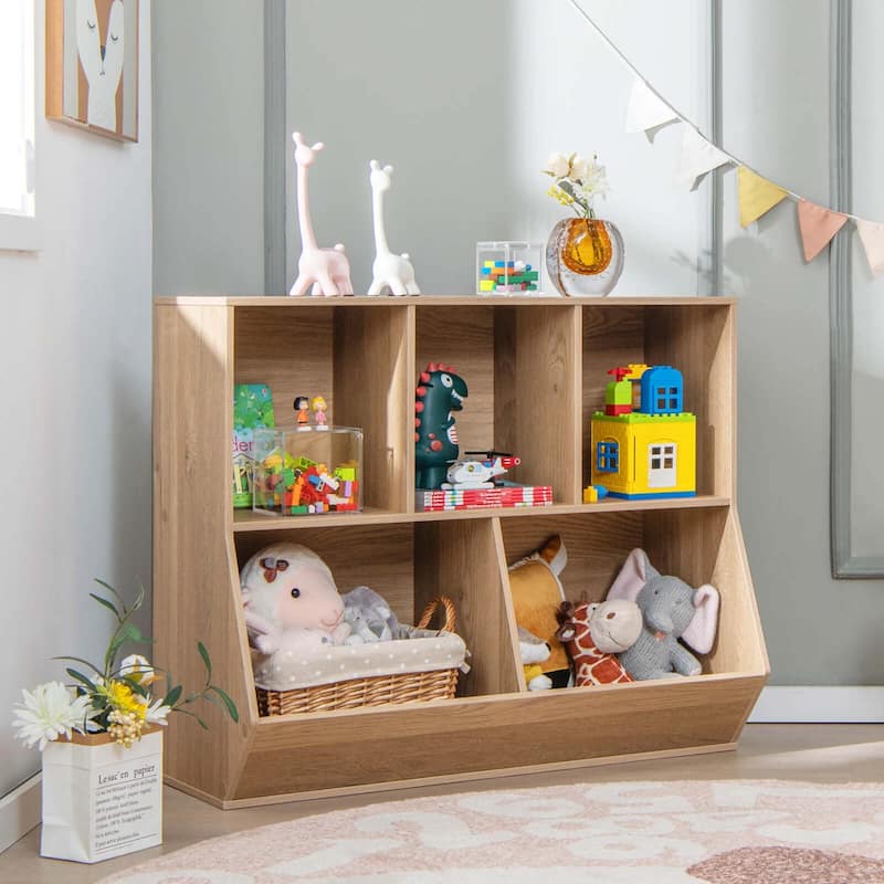 Costway 5-Cubby Kids Toy Storage Organizer Wooden Bookshelf Display - See Details