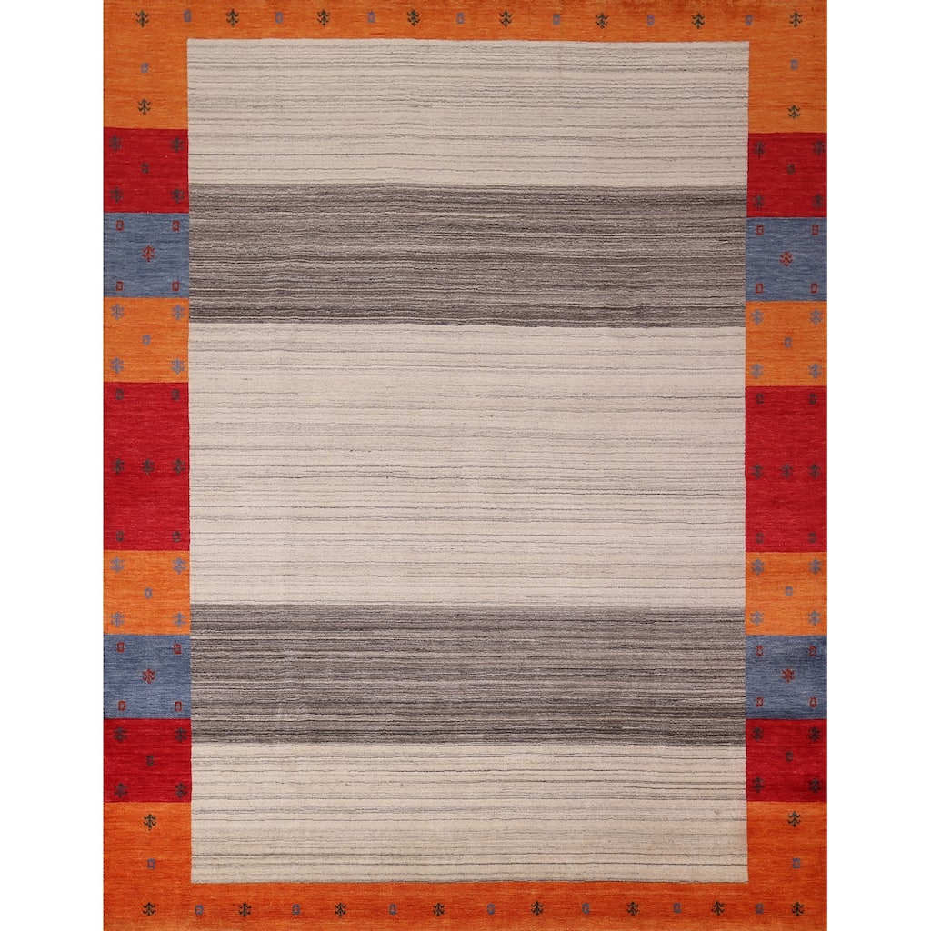 Striped Gabbeh Indian Area Rug Hand-Knotted Tribal Wool Carpet - 8'5"x 9'9"