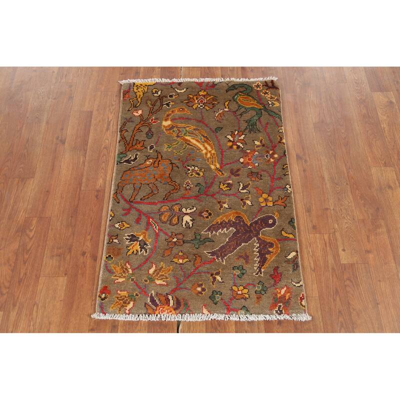 Animals Design Kazak Accent Rug Hand-Knotted Floral Wool Carpet - 2'1"x 2'10"