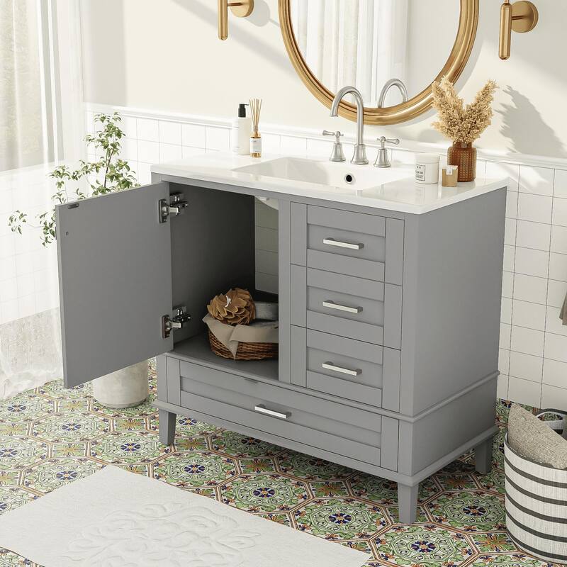 Elegant 36-Inch Bathroom Vanity with Undermount Ceramic Sink, Soft Close Storage Drawers, Silver Handles - Contemporary Look