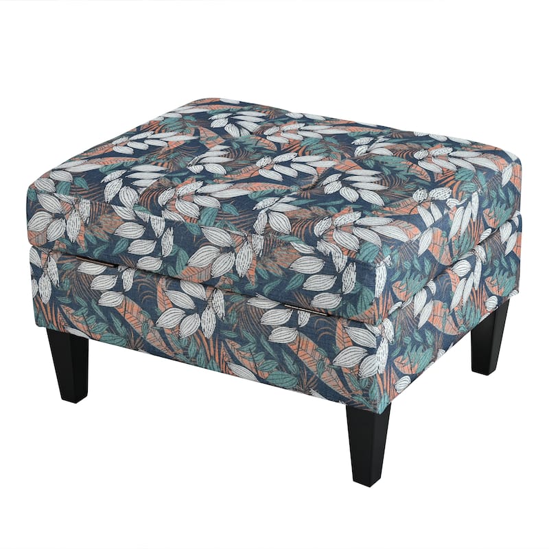 Roomfitters Tufted Storage Ottoman Bench with Hidden Compartment, Tropical Print Upholstered Accent Footrest, Multicolor
