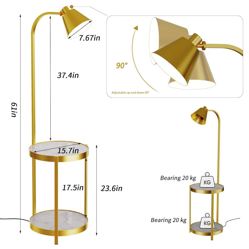 Home Floor Lamp with Side Table, USB Charging Port, Golden Iron Frame - 61"