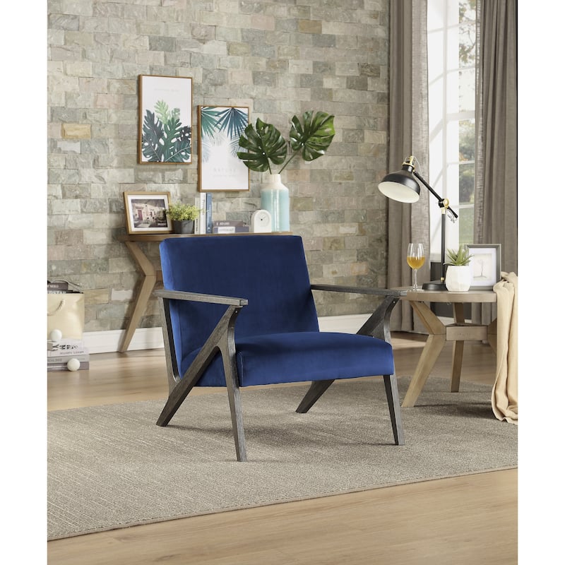Antique Gray Finish Velvet Upholstery Accent Chair, Retro Style - Navy Blue