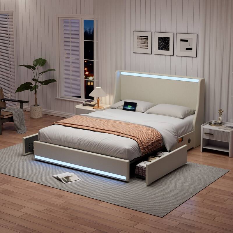 Upholstered LED Bed Frame with 2 Storage Drawers and Wingback Headboard Linen Fabric Platform Bed with Charing Station