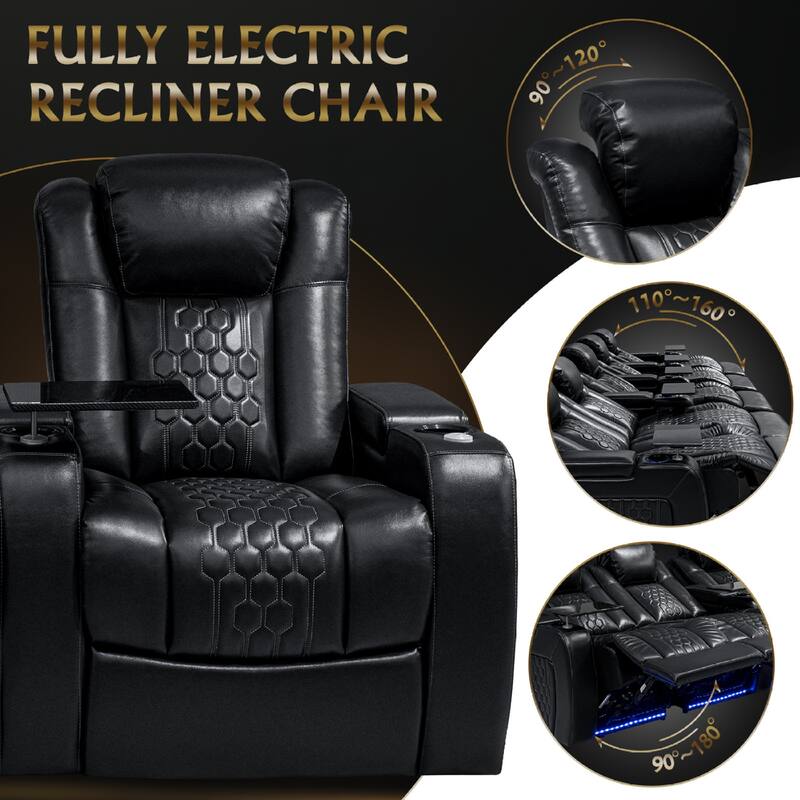 Roomfitters 155.5" Power Recliner 5-Piece Set, Top-Grain Nappa Leather, 27-Color RGB LED & USB-C Charging, Black