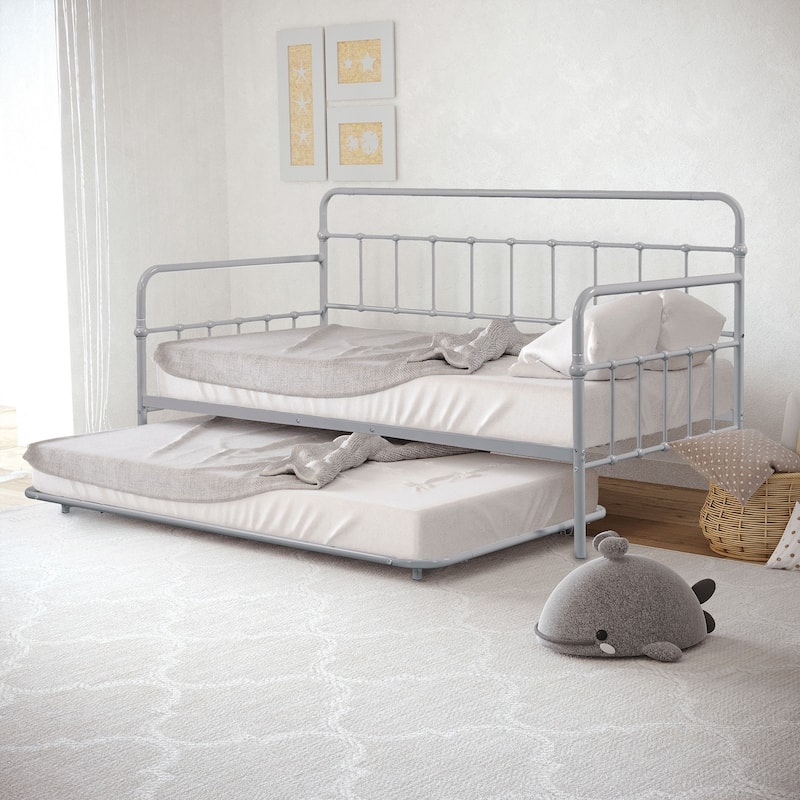 Contemporary Silver Twin Metal Daybed with Trundle, Full Metal Construction, Mattress Ready