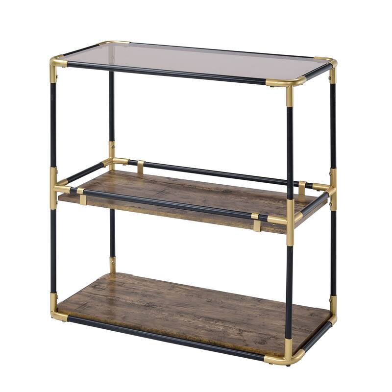 Rechange Glass Top Console Table Metal Tubular Framing and Wooden Shelves, Black and Brown