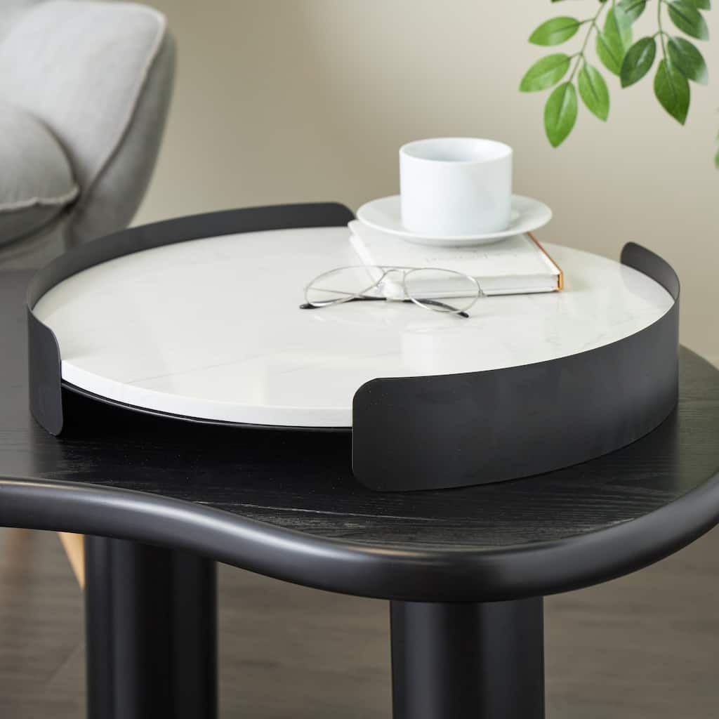 White Marble Round Living Room Decor Tray with Black Metal Frame