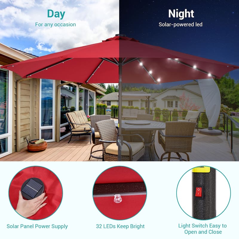 BONOSUKI 9ft Patio Solar Umbrella LED Patio Market Steel Tilt w/Crank