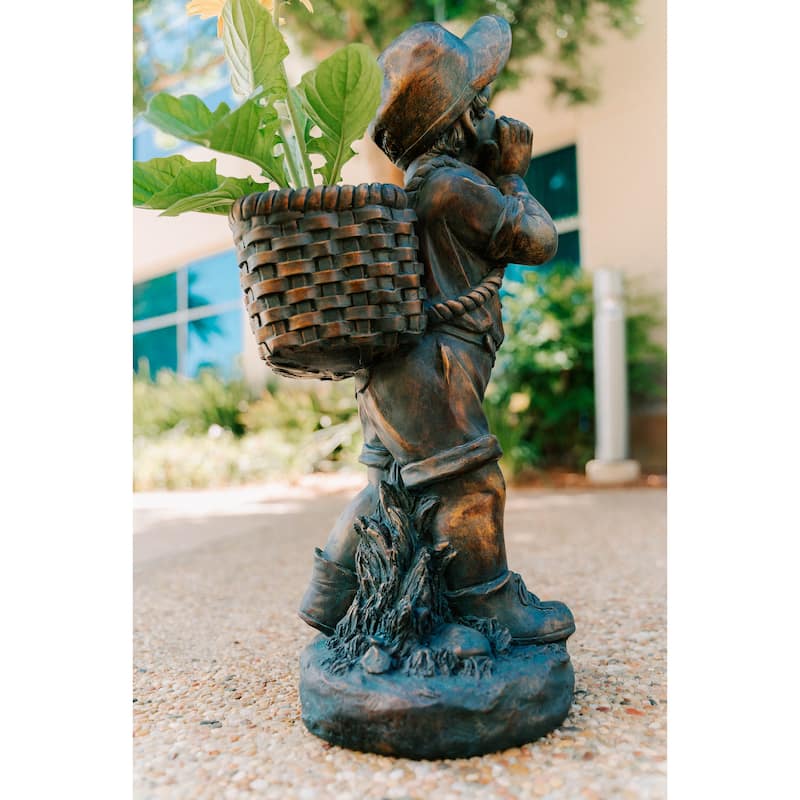 Xbrand 24" H Faux Bronze Magnesium Oxide Walking Garden Statue w/Small Flower Plant Pot, Natural Design Sculpture