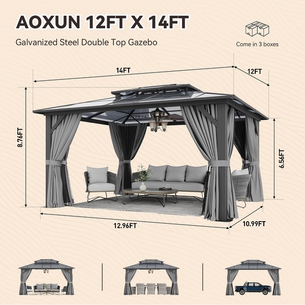 Hardtop Gazebo, Aluminum Frame Permanent Pavilion with Curtains