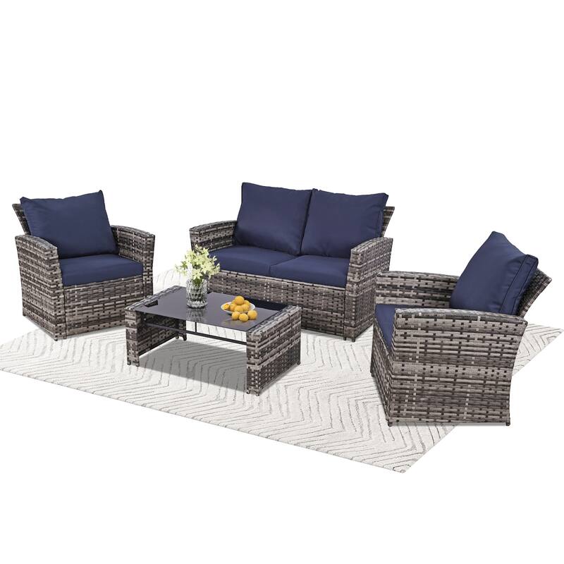 5-Piece Wicker Outdoor Sofa Set with Fire Pit Table - Gray/Blue