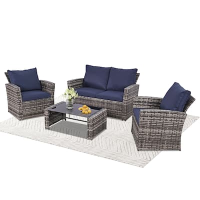 5-Piece Wicker Outdoor Sofa Set with Fire Pit Table