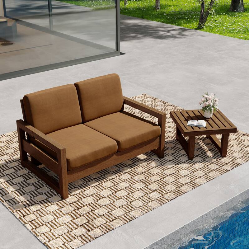 Teak Wood Cushioned Outdoor Patio Loveseat Set with Side Table