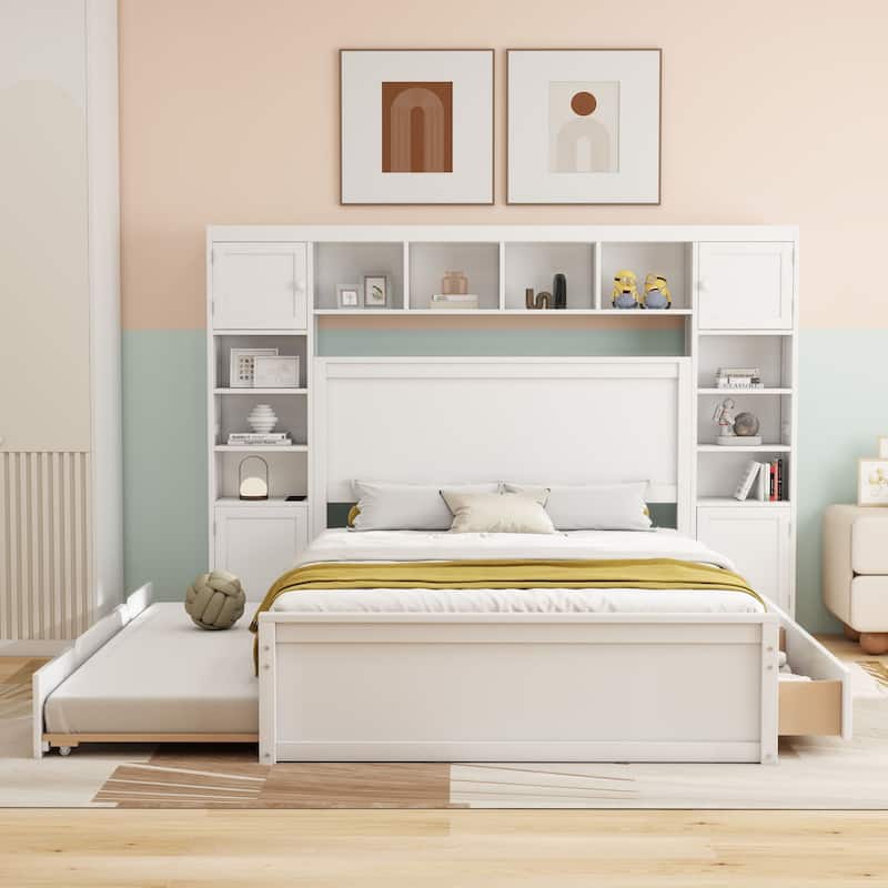 Modern Platform Bed with Integrated Cabinet and Drawers