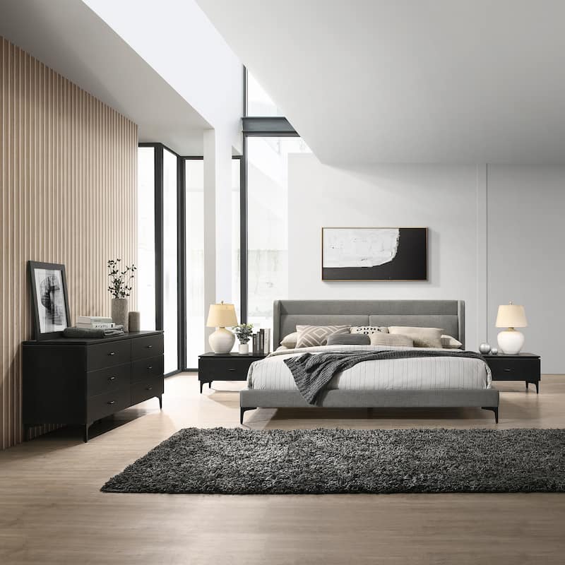Legend 3 or 4 Piece Gray Fabric King or Queen Platform Bed and Nightstands Bedroom Set - King - 4 Piece