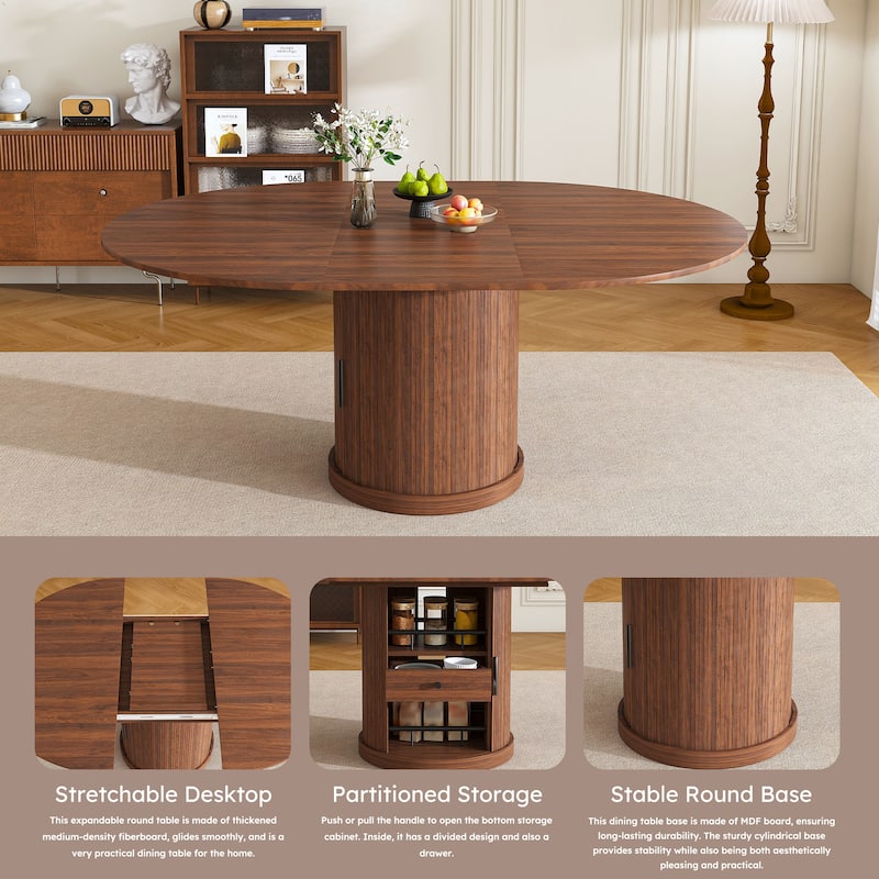 59" Extendable Oval Dining Table with 2-Tier Storage for 4-6, Space Saving Expandable Kitchen Table - Walnut