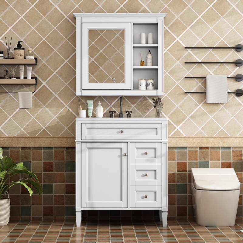 GDFStudio - Montvale Modern Freestanding Bathroom Vanity Set with Mirror Cabinet, Resin Sink & a Tip-out Drawer - 30'W - White