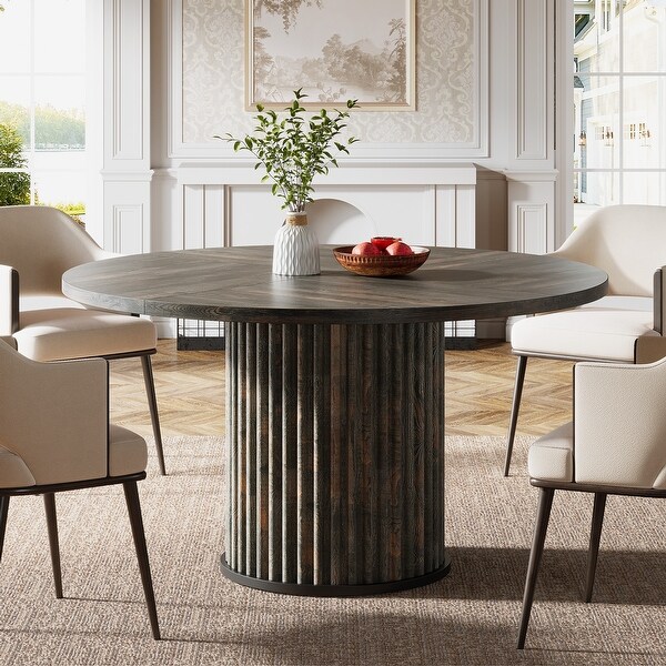 Industrial Dining Table with Textured Tabletop, Fluted Base, Black