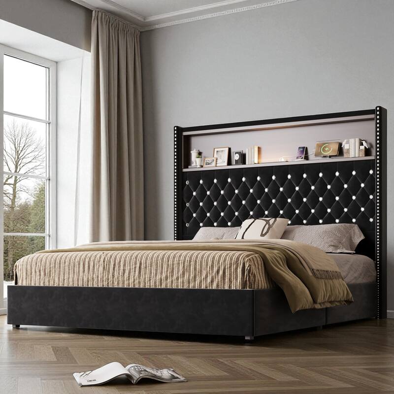 Full/Queen Velvet Tufted Bed Frame with 52" Wingback Headboard, USB Port, Night Light, Rivet Trim & Headboard Shelf - Black - Queen