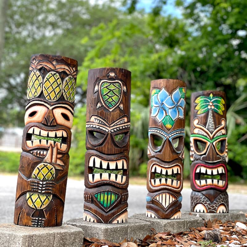 Set Of 4 Hand-Carved 20" Tiki Wall Masks Tropical Hawaiian Decor