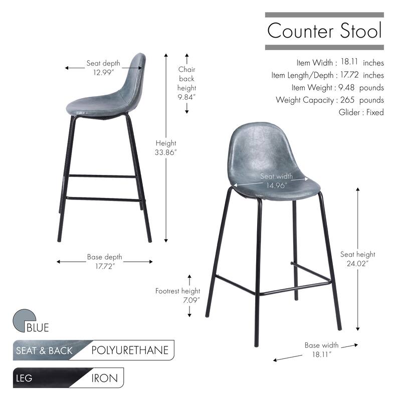 Porthos Home Tave Counter Stools Set Of 2, PU Leather Upholstery, Iron Legs