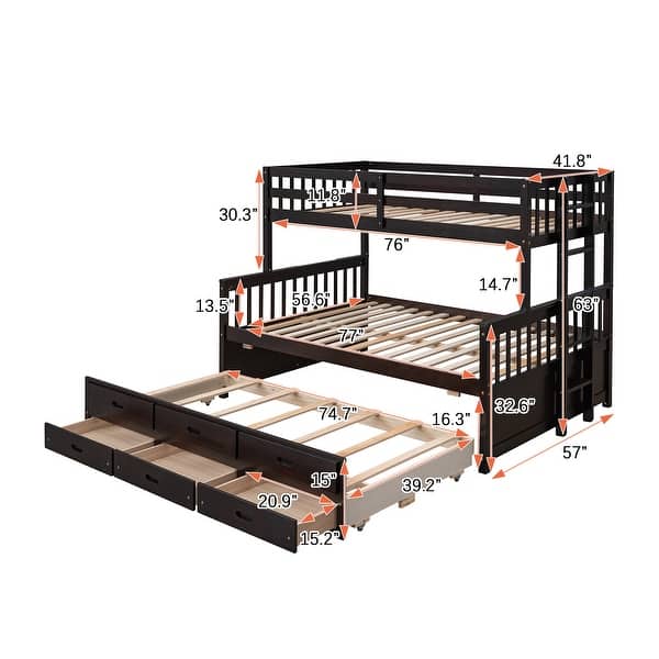 dimension image slide 2 of 3, Separable Twin Over Full Bunk Bed Storage Platform Bed with with Pull-out Trundle, Drawers, Ladder and Safety Fence