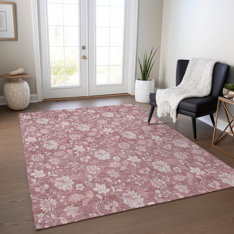 Machine Washable Indoor/ Outdoor Chantille Floral Farmhouse Rug - Blush - 9' x 12'