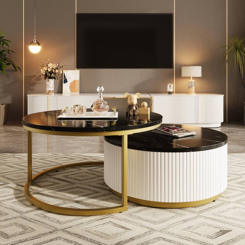 Modern Round Nesting Coffee Table with Drawer and Gold Base for Living Room - Golden Black
