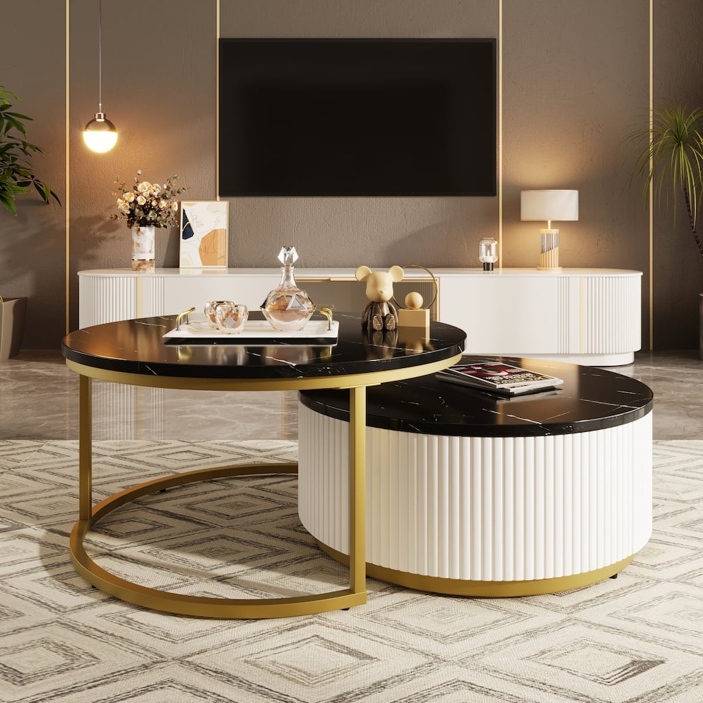 Round Nesting Coffee Table Fluted with Drawer