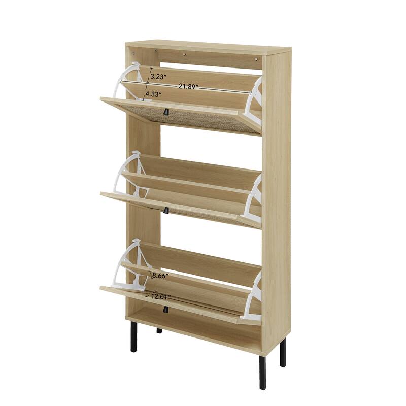 Freestanding Modern Shoe Rack Storage with 3 Natural Rattan Door