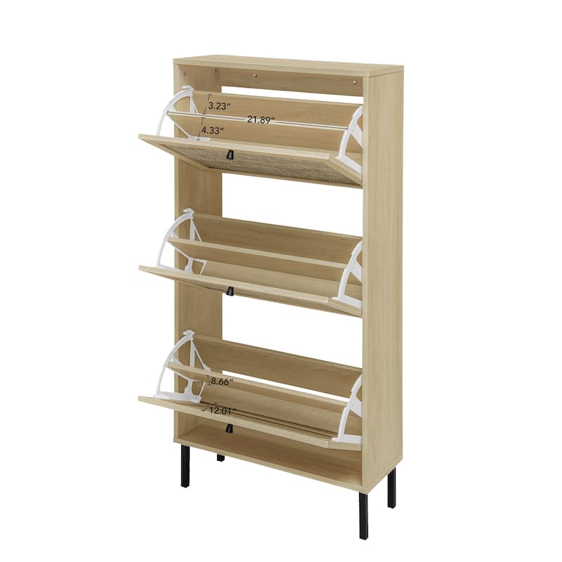 Roomfitters Rattan Shoe Cabinet, Modern Freestanding Shoe Storage Organizer with 3 Flip Doors