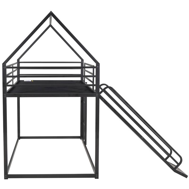 Twin over Twin House Bunk Bed with Ladder and Slide House Shaped Bunk Bed Frame with Lenght Guardrail, No Box Spring Needed
