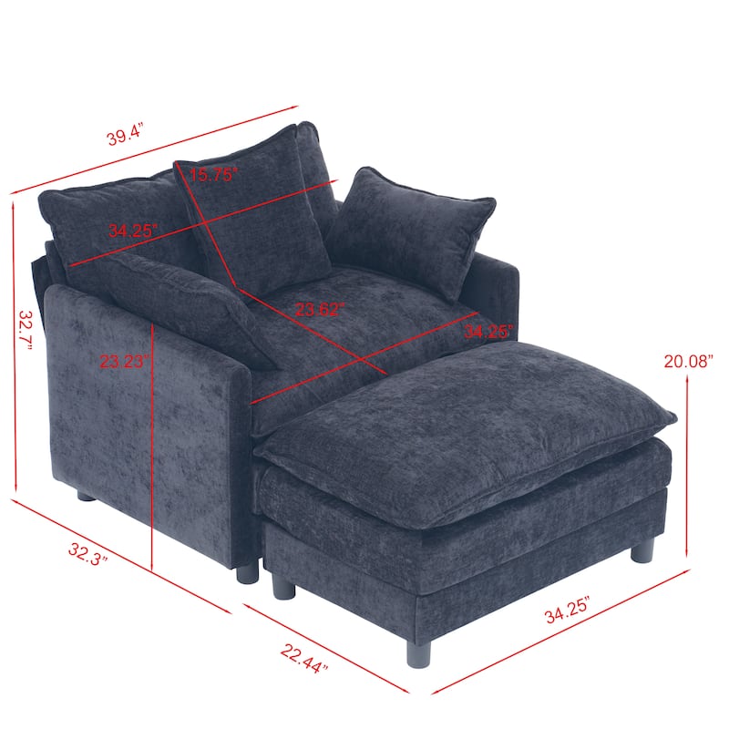 Modern Chenille Accent Chair with Ottoman, Oversized Upholstered Armchair for Living Room & Bedroom Reading